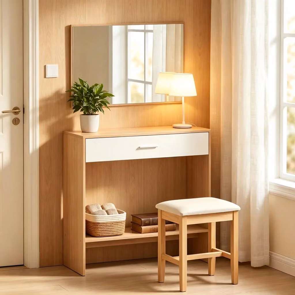 Consolle da ingresso OKWISH con specchio a parete, 1 cassetto e ripiano aperto, in MDF, colore beige – 2
