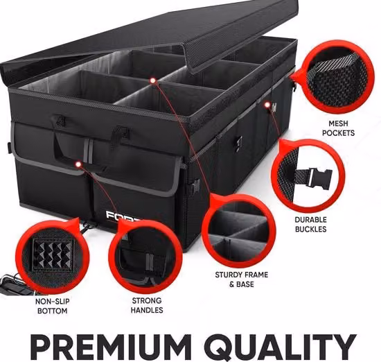 Organizzatore per Auto, Organizzatore Cassetta Portabagagli con Frigorifero, Organizzatore Auto Ripiegabile con Compartimenti, Fondino Antiscivolo, Cinture di Regolazione Adattabili, Copertura Ripiegabile (Nero, XL)