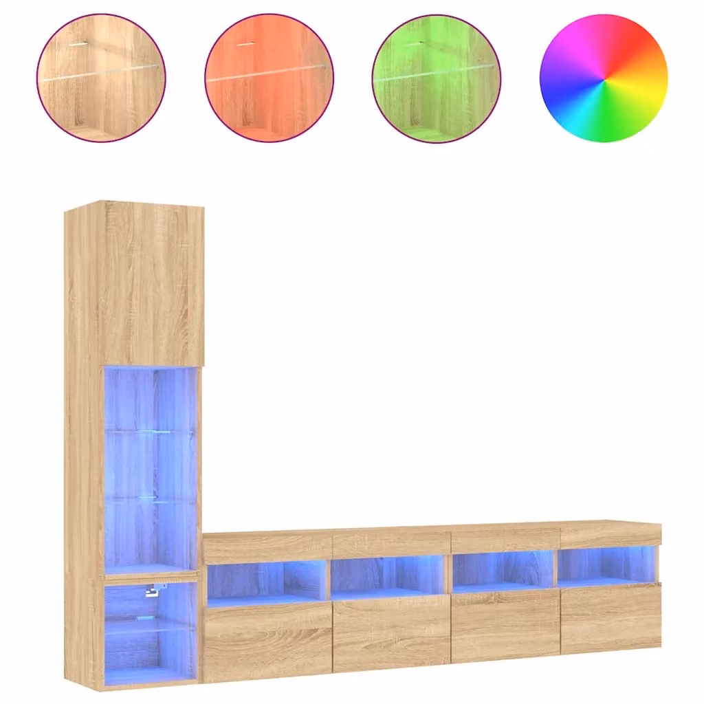 Set di 4 mobili TV sospesi con illuminazione LED integrata in legno multistrato color rovere sonoma opaco – 2