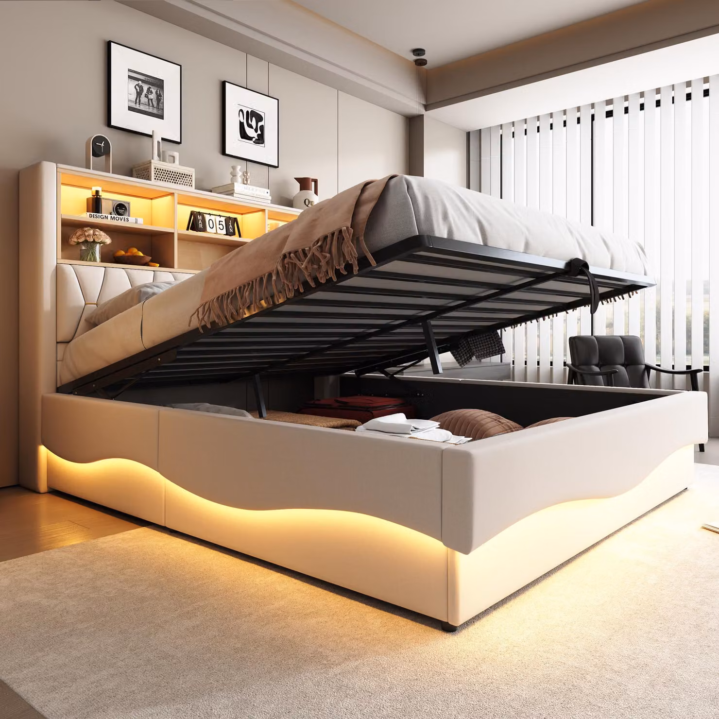 MODFU Letto matrimoniale 180×200 con rete metallica, letto imbottito con striscia LED controllabile tramite app e caricatore USB, letto con contenitore idraulico, senza materasso, beige