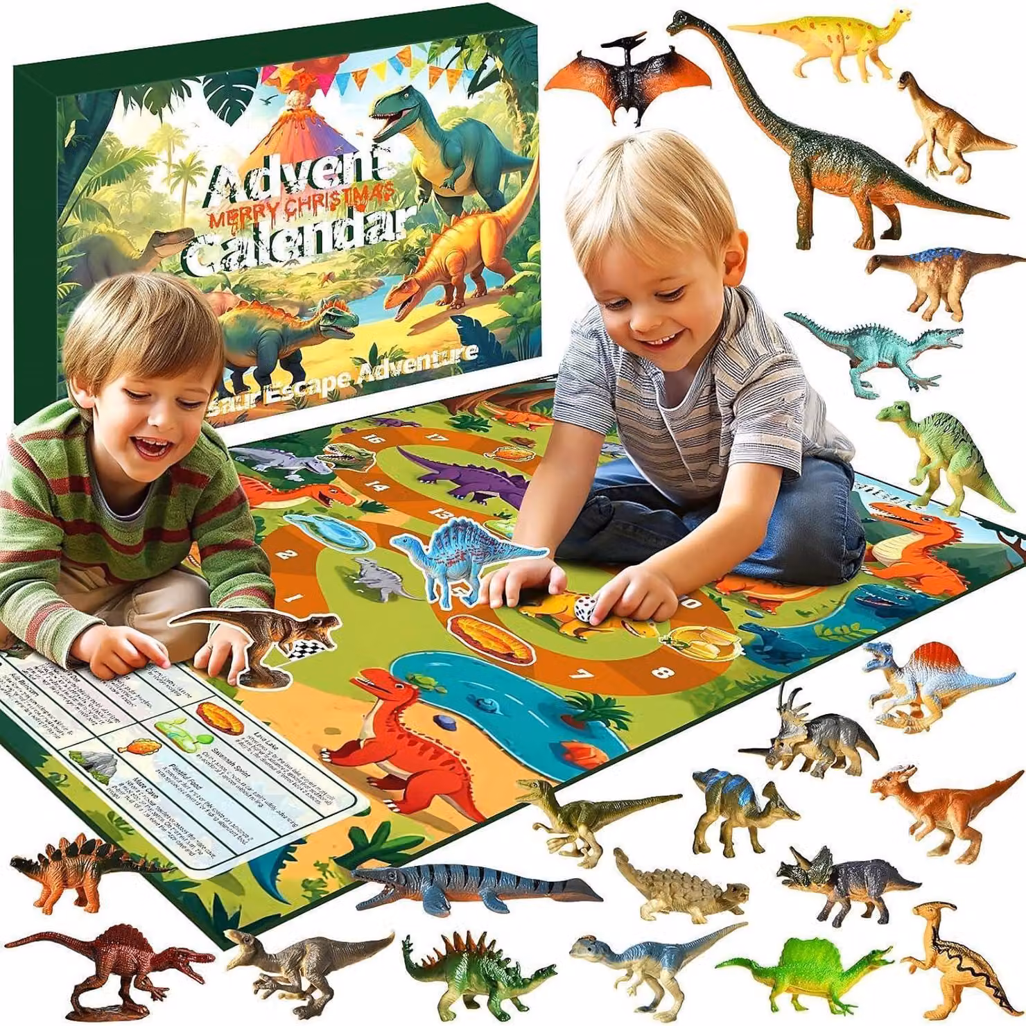 Calendario dell'Avvento a tema dinosauri, scatola regalo con 24 figure