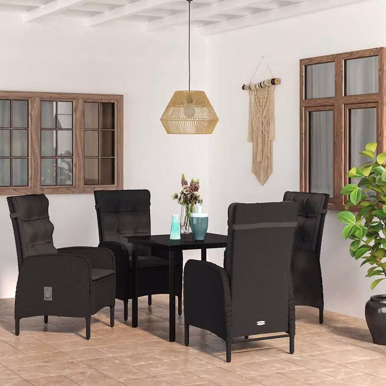 Set da pranzo da giardino vidaXL in polyrattan nero con cuscini e tavolo in vetro e legno di acacia