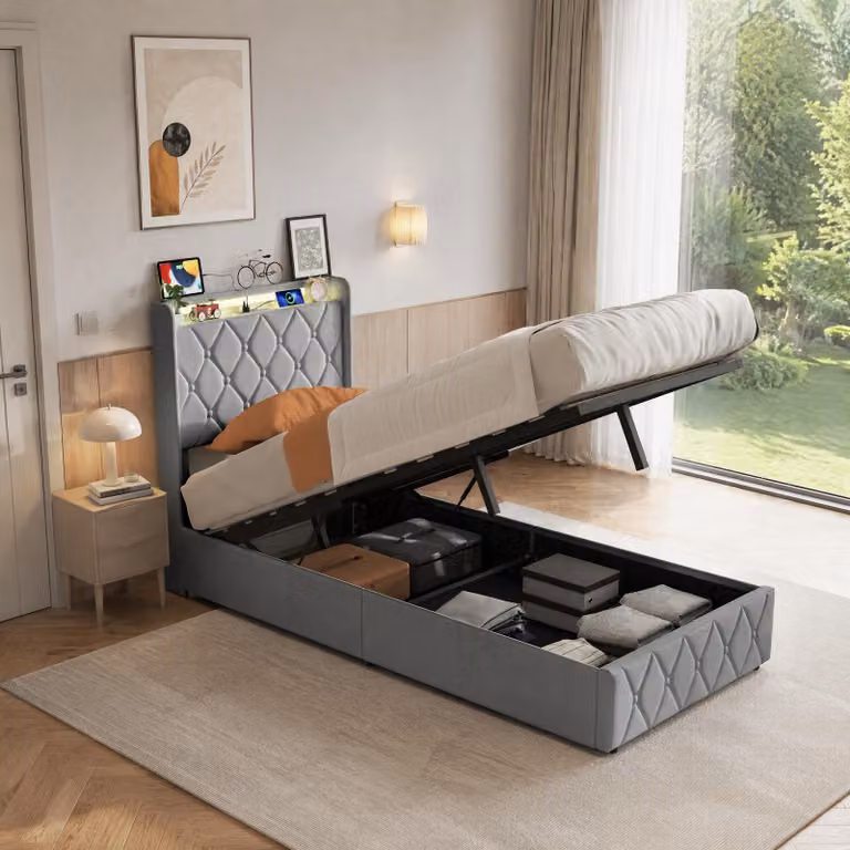 Letto imbottito INONEFT, 90x200 cm, con contenitore, letto per ragazzi con LED e prese di corrente, letto singolo con rete a doghe e spazio contenitivo nella testiera, rivestito in velluto, colore grigio scuro