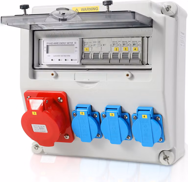 Distributore di corrente a parete Clanmacy con contatore elettrico trifase e MCB, distributore di corrente a 5 poli con 3x prese Schuko e prese CEE 32A per uso interno ed esterno