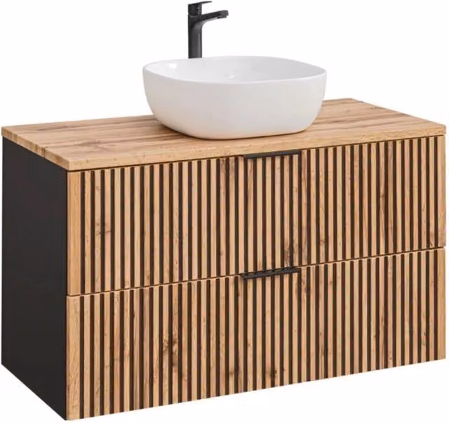 Set KINOKO: mobile sottolavabo con cassetti 100cm + piano in rovere + lavabo quadrato bianco da appoggio
