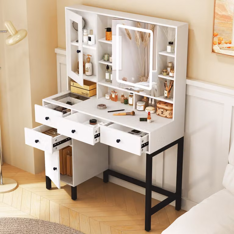 Specchio da trucco con illuminazione a LED - Luce regolabile - Bianco - MDF - Rettangolare