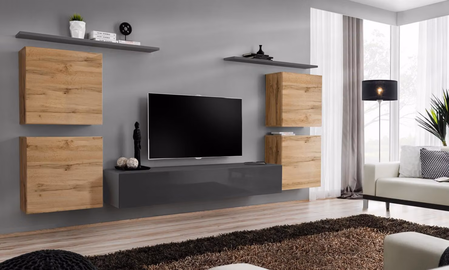 Holzmöbel Wohnwand Wohnzimmer Grau Wandregal Luxus Einrichtung