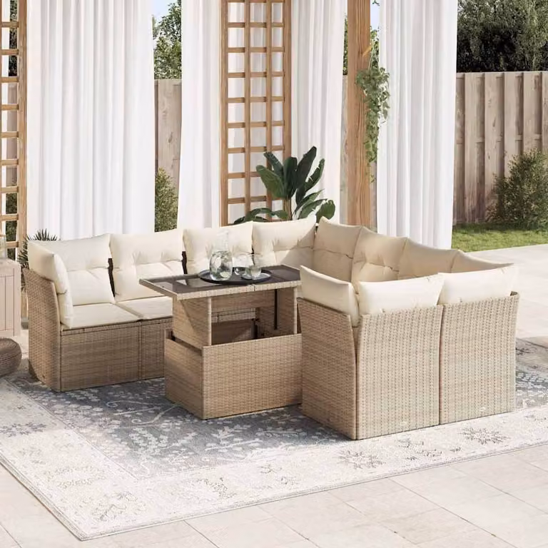 Set Divano da Giardino vidaXL 9 pz a L con Cuscini Beige e Tavolino in Vetro