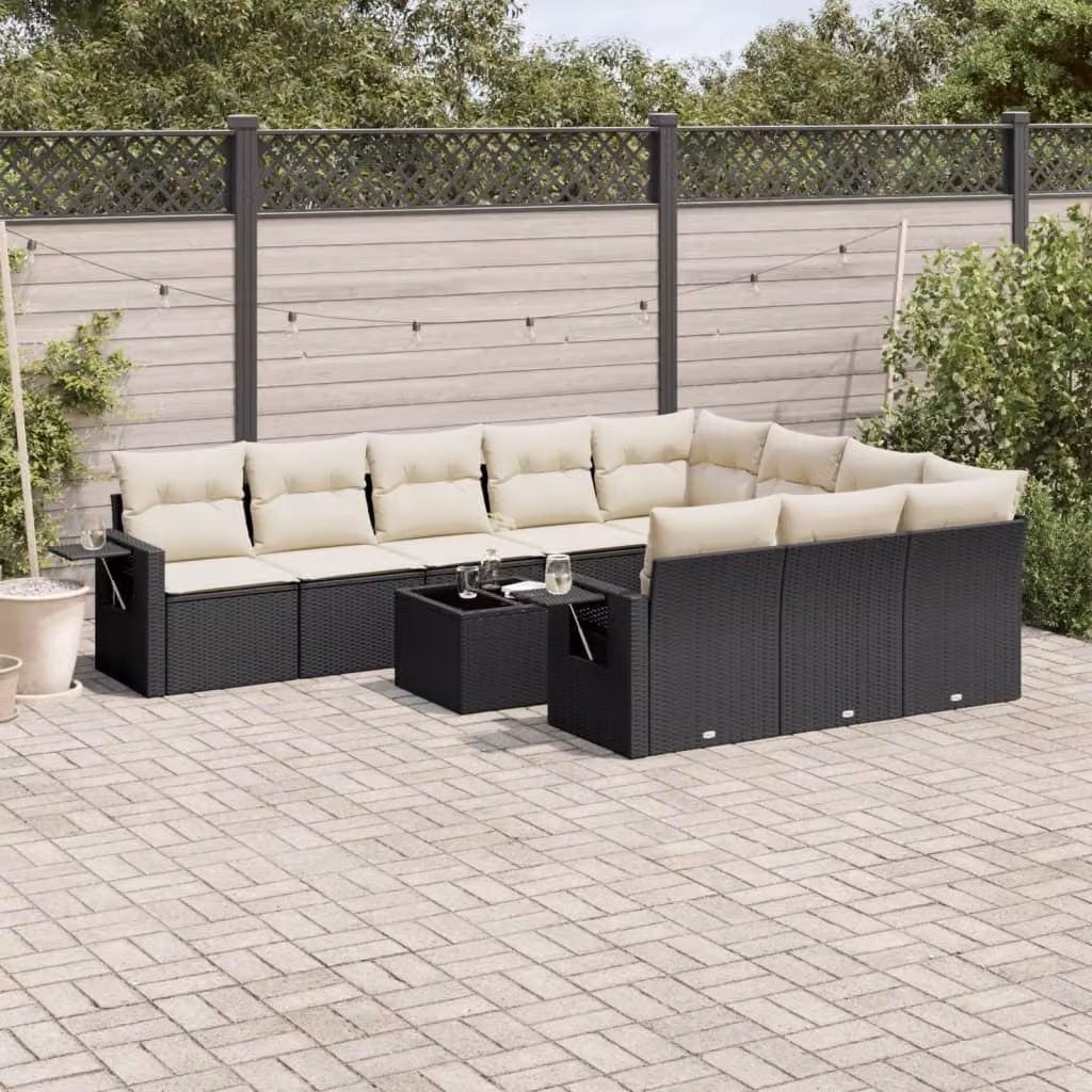 vidaXL Set Divani da Giardino 11 pz in Polyrattan Nero con Cuscini e Tavolino da Esterno – 1