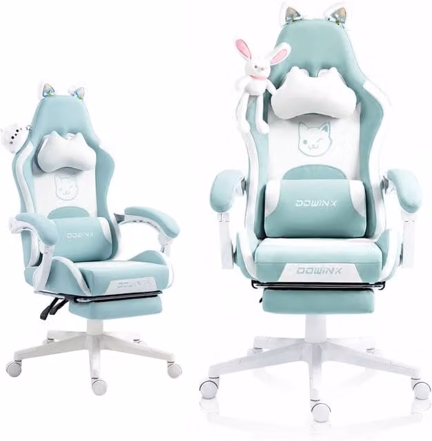 Sedia Gaming DOWINX Verde con Tema Coniglio, Poggiapiedi, Schienale Reclinabile 145° e Portata 150 kg – 1