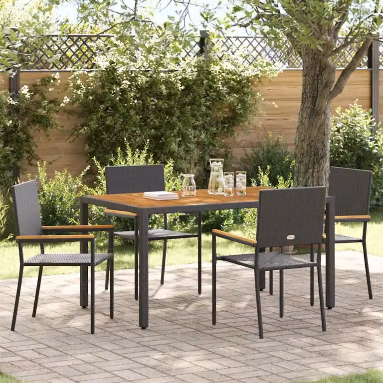 Set da pranzo per giardino e terrazza vidaXL in polyrattan nero con tavolo in legno di acacia e 4 sedie