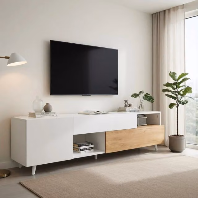 Cassettiera per TV KOMHTOM moderna in bianco e legno, L: 180 cm, P: 38 cm, H: 50 cm