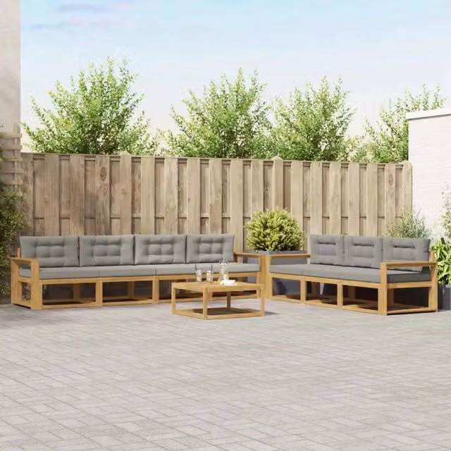 Set di divani da esterno a forma di U con tavolino vidaXL in legno di acacia, 7 pezzi, Bianco e Grigio