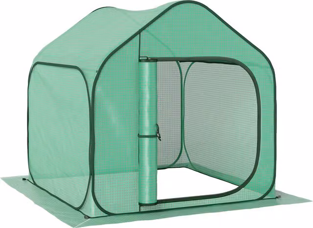 Serra da giardino a casetta pieghevole Outsunny con ingresso a cerniera in acciaio e PE, Verde, L 150 cm x P 148 cm x H 148 cm – 1