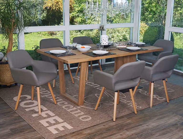set di 6 sedie per sala da pranzo HWC-A50 II, sedia da cucina, design retrò anni '50 ~ ecopelle, grigio tortora, gambe chiare