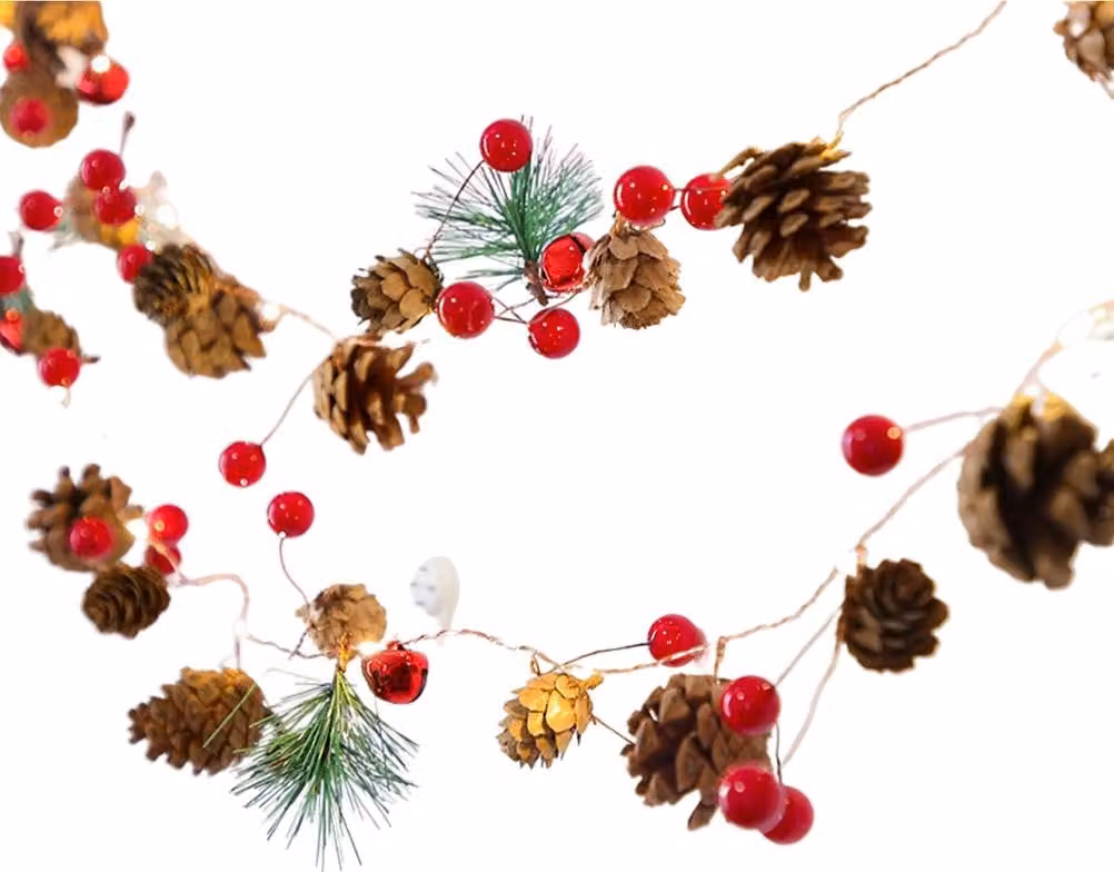 Fiaccole a LED con pigne, bacche e campanelle, 2m 20LED, per decorazioni natalizie da interno/esterno