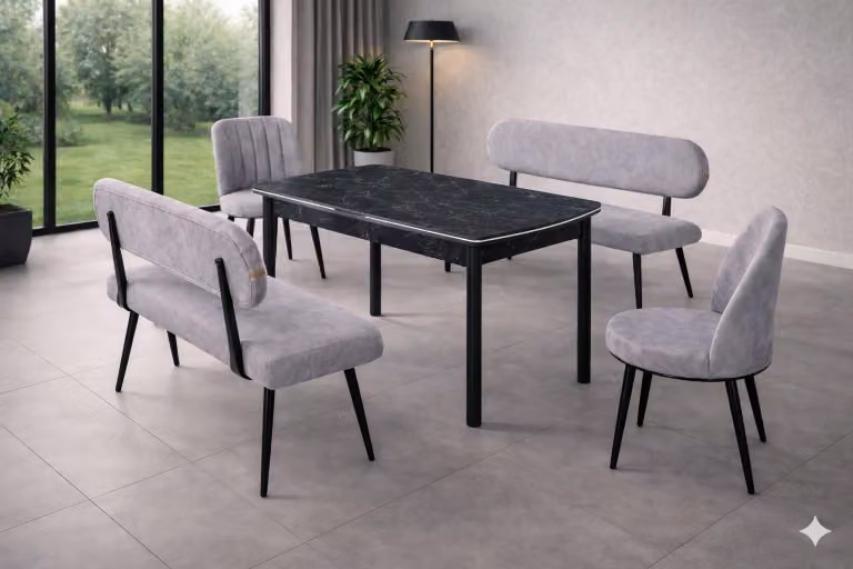 Tavolo, 2 sedie, panca con schienale, stile moderno, colore grigio
