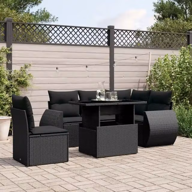 Set Divano da Giardino 6 pz con Cuscini Nero in Polyrattan 3268535