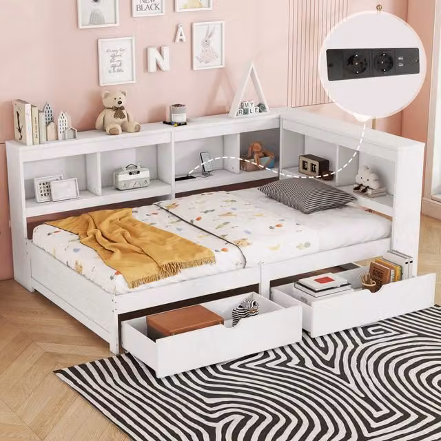 Letto divano singolo 90 × 200 cm con 2 cassetti, presa e 2 porte USB, mensole laterali, senza materasso, bianco