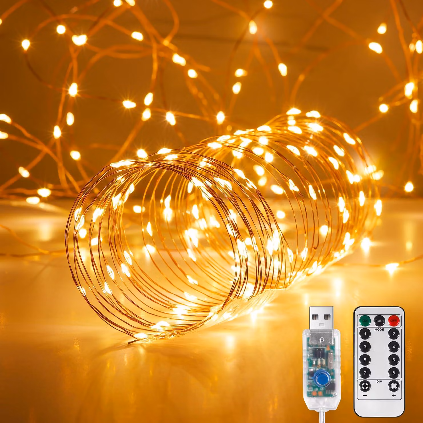 Catena luminosa a LED, 10 metri, 100 luci bianche calde, con alimentazione USB e telecomando