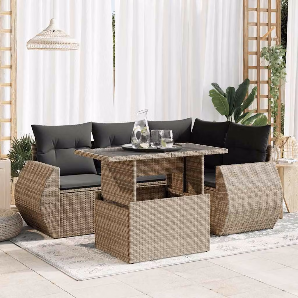 Set Divano da Giardino vidaXL 5 pz a Forma a L in Polyrattan Grigio con Cuscini e Tavolino