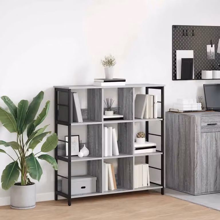 Libreria stile industrial vidaXL con 9 livelli in legno e metallo, colore grigio, L 102 cm x P 32 cm x H 104,5 cm