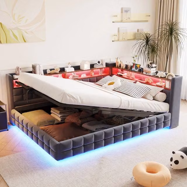 Letto divano 140 × 200 cm con vano idraulico, mensole, LED, presa USB e Type-C, senza materasso, grigio