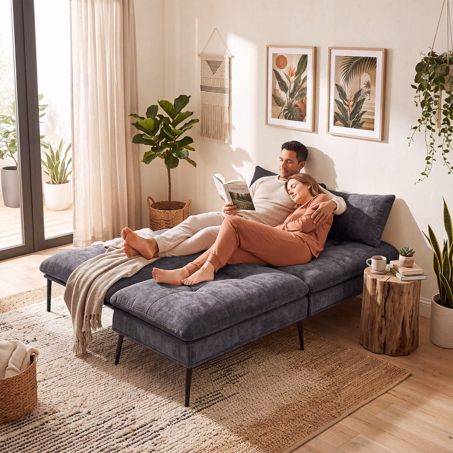 Divano letto Tokio Tectake grigio con schienale reclinabile click-clack e seduta in tessuto – 1