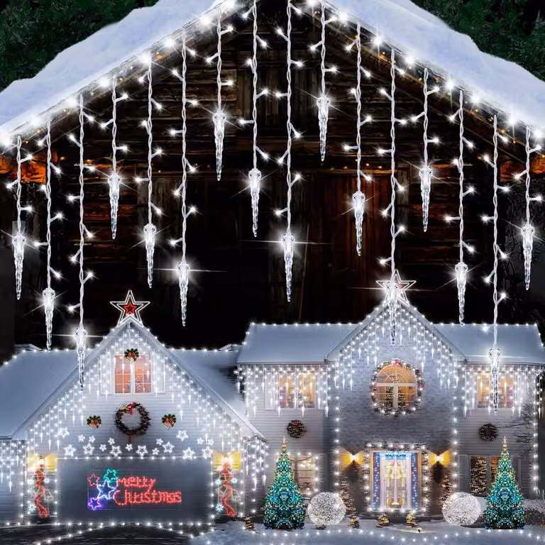 2 luci a LED a forma di stalattiti, catena luminosa effetto pioggia di neve, decorazione natalizia per esterni, 8 modalità, adatta per balconi, finestre e decorazioni natalizie, colore bianco