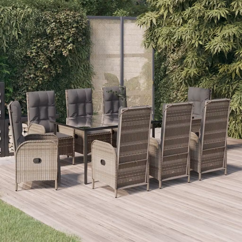 Set da pranzo da giardino vidaXL in polyrattan con cuscini, 9 pezzi, nero e grigio
