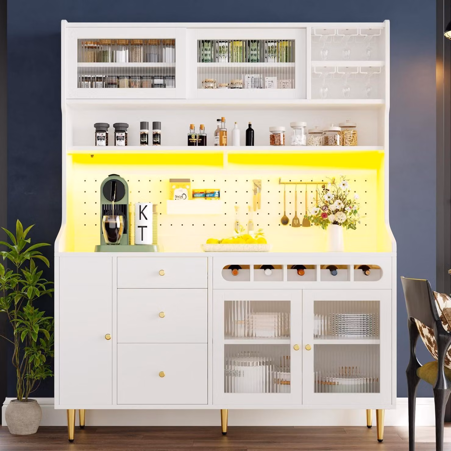 Mobile da cucina con illuminazione a LED, scaffale per vino, ripiani interni regolabili, colore bianco, dimensioni 145x39x171 cm