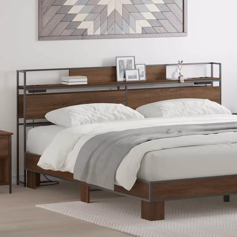 Testata letto con contenitore vidaXL in legno ingegnerizzato e metallo, colore marrone, con ripiano integrato e porta di ricarica USB, L 200,0 cm x H 98,0 cm x P 15,0 cm