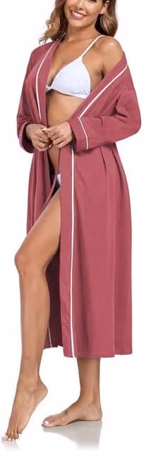 Badia da Bagno Donna Tela Lunga Badia Donna Leggera con Maniche Lunghe Kimono per Sauna con Tasche (Rosso Viola, S)