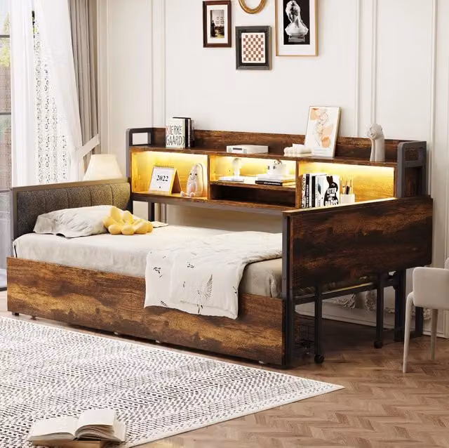 Letto 90x200 cm con scrivania pieghevole; LED e cassetti in metallo