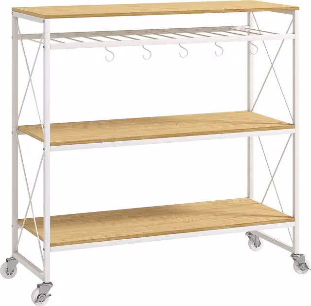 Carrello Portavivande HOMCOM a 4 Livelli con Portabottiglie e 5 Ganci Rimovibili in Legno e Metallo, Bianco, L/P/H: 96.5 x 38 x 96.7 cm – 1