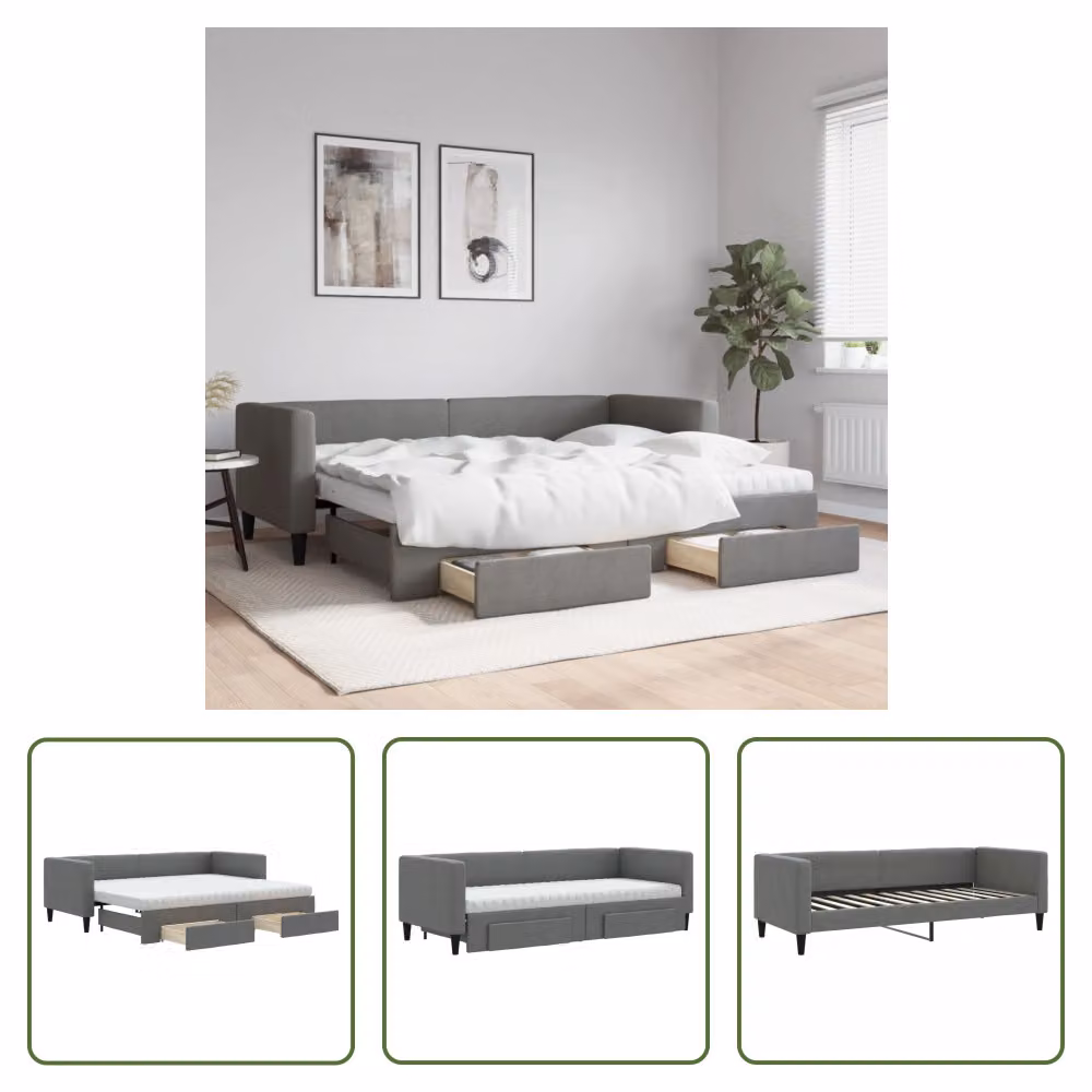 The Living Store Letto da giorno allungabile con cassetti grigio scuro 80x200 cm tessuto