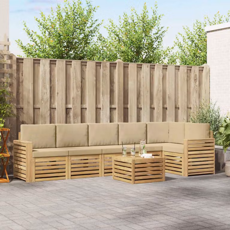Set di divani da esterno vidaXL a forma di L composto da 7 pezzi con tavolo da caffè, struttura in legno di acacia e cuscini in poliestere bianco e beige