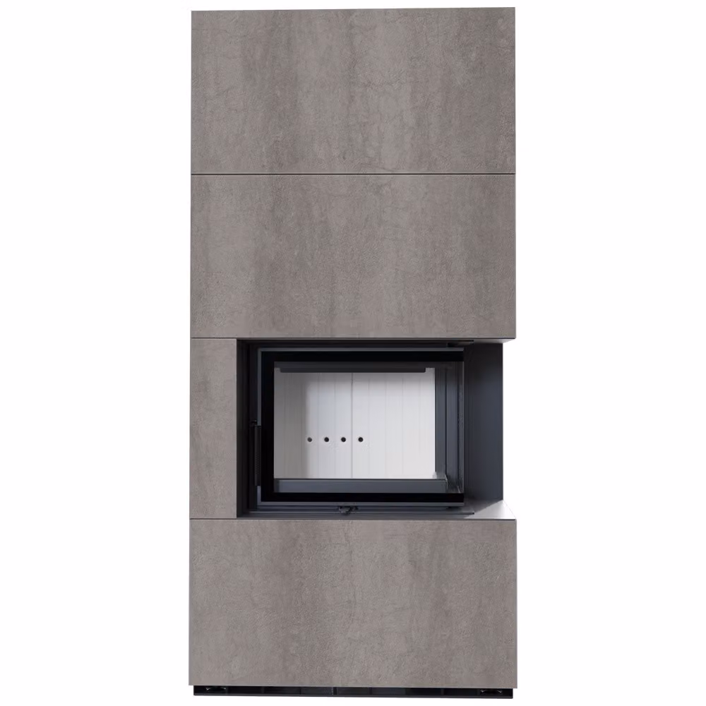 Kit camino KRATKI FLOKI BOX destro 8 kW Ø 160 quarzo sinterizzato NATURALI PIETRA DI SAVOIA GRIGIA BOCCIARDATA