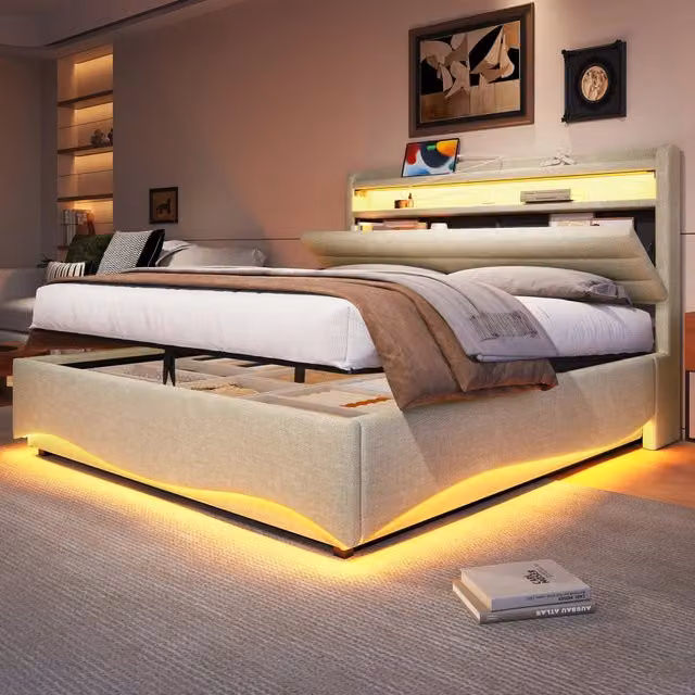 Letto imbottito Mivray con contenitore idraulico, illuminazione LED, porte USB e Type-C, rivestito in lino beige, L/P/H: 140 x 200 x 110 cm – 1