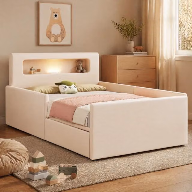Letto imbottito per bambini ULEVR 90x200 cm con cassetti, luce notturna USB e sponde rialzate, beige