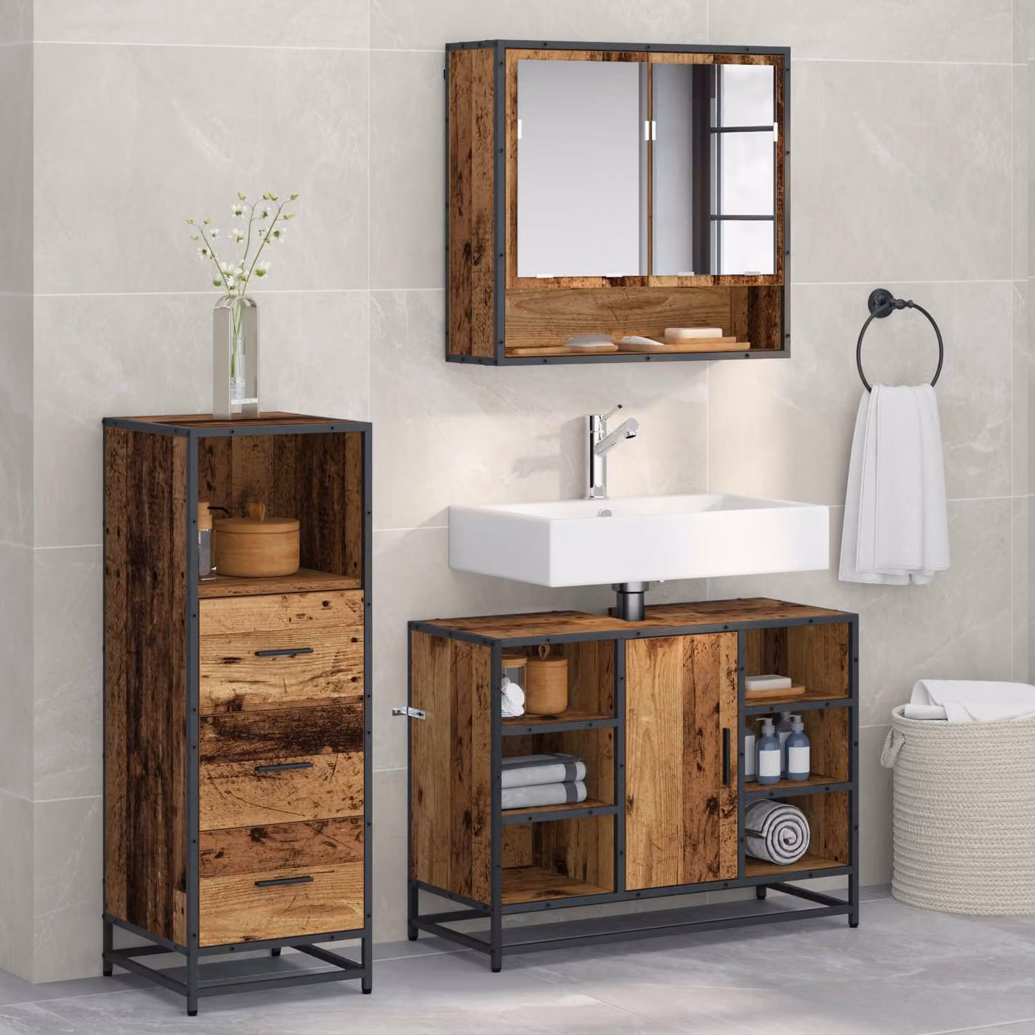 Set di mobili per il bagno vidaXL 3 pezzi in stile minimalista, colore marrone e nero, con armadietto con specchio, mobile lavabo e mobile laterale in legno e metallo – 1