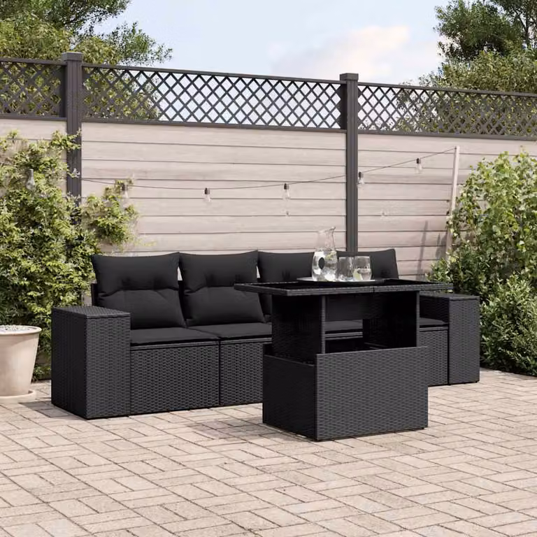 vidaXL Set Divani da Giardino 5 pz in Polyrattan Nero con Cuscini e Tavolino