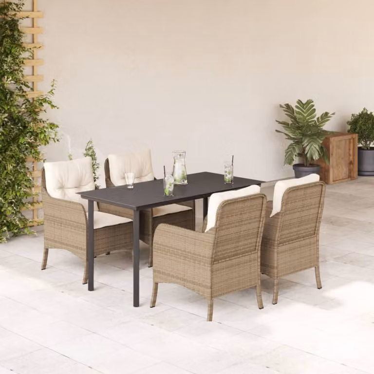 Set da Pranzo da Giardino vidaXL in Polyrattan con Cuscini Beige e Tavolo in Vetro 5 Pezzi