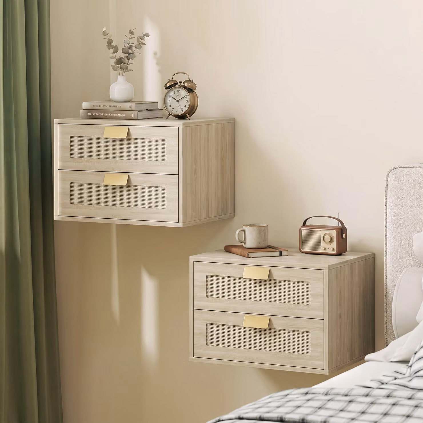 Set di 2 comodini sospesi HOMCOM con 2 cassetti e ripiano effetto rattan, Rovere – 2