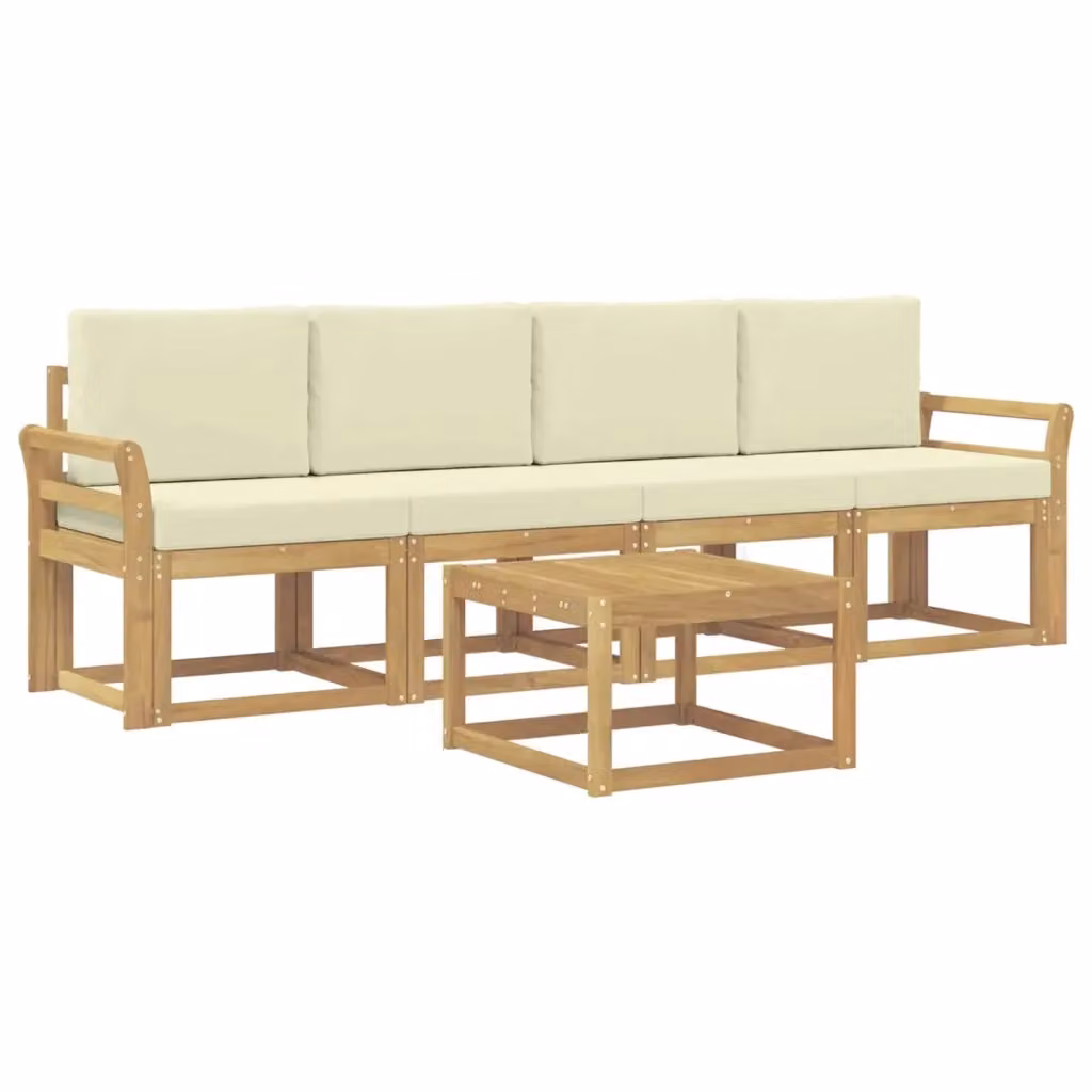 Set di mobili da giardino vidaXL composto da divano a 3 posti, poltrone e tavolino da caffè in legno di acacia con cuscini bianchi e beige – 2