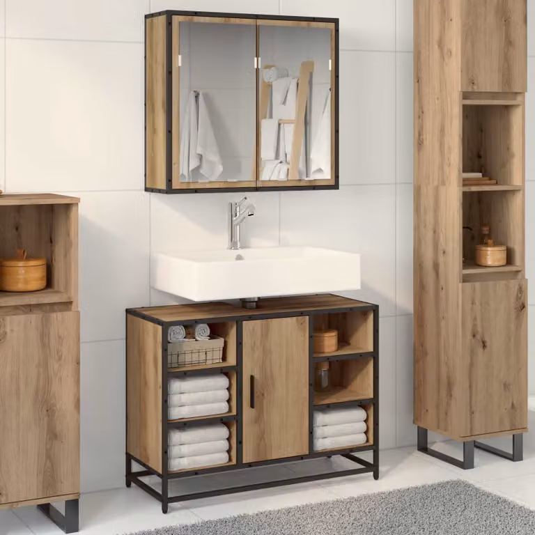 Set di mobili per il bagno moderno vidaXL composto da mobile lavabo e armadietto specchio in legno e metallo color rovere marrone, montaggio a parete
