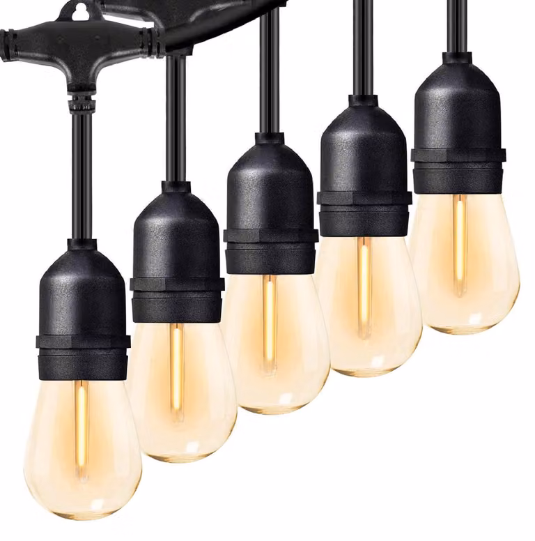 Catena luminosa LED per esterni, 15 metri, modello S14, grado di protezione IP65, 15 lampadine in plastica + 1 lampadina extra, luce bianco caldo 2700 K