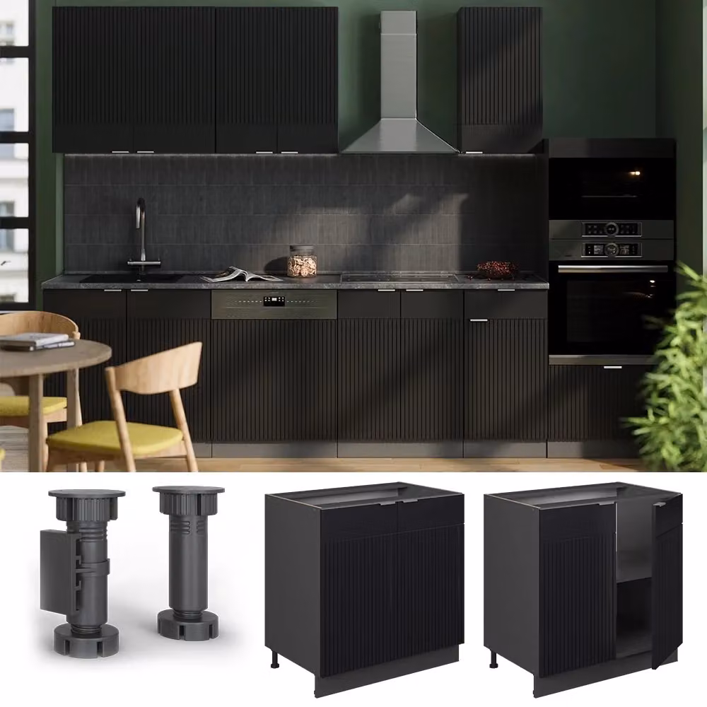 Mobiletto base cucina Vicco Fame-Line Nero rigato e Antracite con ante a battente, L: 80 cm – 2