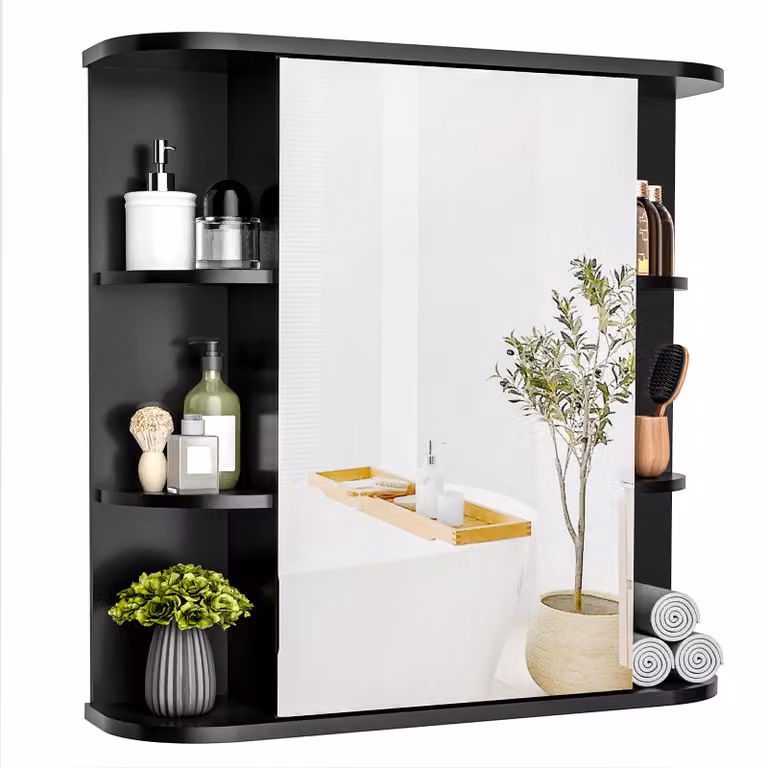 Mobiletto bagno con specchio, specchio ad alta definizione, ripiani regolabili, colore nero, dimensioni 68x60 cm