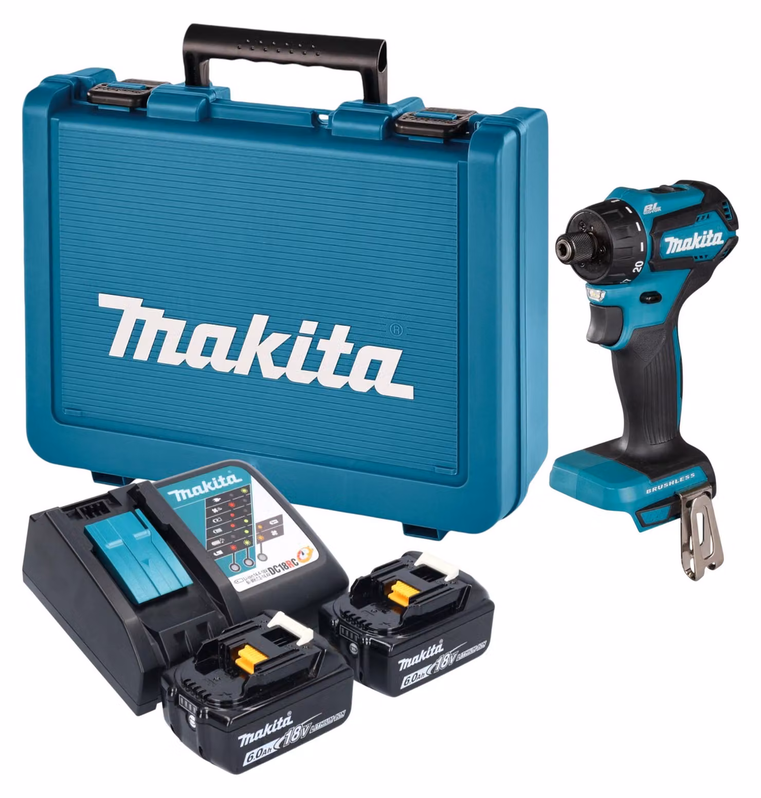 Trapano avvitatore a batteria Makita DDF 083 RGE 18 V 40 Nm 1/4'' brushless + 2 batterie da 6,0 Ah + caricabatterie + valigetta